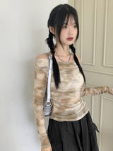 ルッツシースルータイダイプリンティングメッシュ長袖オフショルダーTシャツ