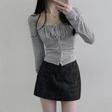 Langbang Hook Ribbon Shirring Semi-Cropped Long-Sleeved T-Shirt (3 colors)