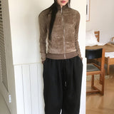 リデルy2kリブドカラースリムベルベットカーディガンジップアップ