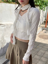Tory V-neck Shirring Pleated Cropped Long-Sleeved T-shirt