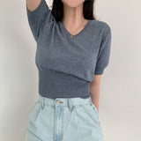 Short Sleeve V-Neck Knit Top