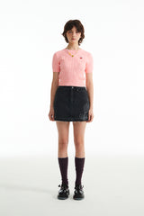 スモールチェリーケーブルクロップ丈のショットスリーブニット／SMALL CHERRY CABLE CROP SHORT SLEEVE KNIT [SALMON PINK]