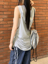 スクエアサイドストリングロングフードノースリーブシャツ / square side string long hooded sleeveless shirt