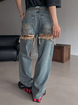 (UNISEX) ダメージチェッカーワイド デニム