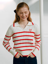 V NECK COLLAR STRIPE KINT RED