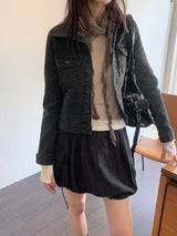 ビンテージダークデニムスパンデックスクロップドデニムジャケット