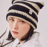 Square Label Stripe Crochet Beanie / Black