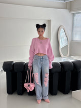 Pink Damage Wide Jeans
