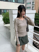 ヒートアンボタンオフショルダースナップトットボタンロングスリーブTシャツ