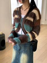 Rules angora fur color combination striped knit cardigan
