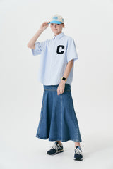 Cパッチユニセックス半袖オクスフォードシャツ / C Patch Short-Sleeved Unisex Sky blue Oxford Shirt