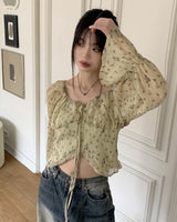 シフォンフラワーリボンストリング長袖ブラウス / Pyuti Chiffon Flower Ribbon String Long-Sleeved Blouse
