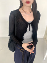 Lityu Trans-season frill strap see-through long-sleeved cardigan
