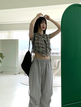 テユストリングシャーリングリネンチェックフードシャツカミス / Teyu String Shirring Linen Check Hooded Shirt Camis