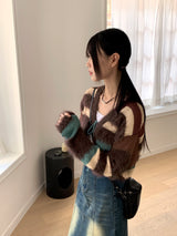 Rules angora fur color combination striped knit cardigan