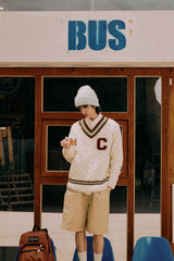 ブラウンCワッペン ミントラインVネックニット・アイボリー［ユニセックス］/ Brown C Patch Mint Line Ivory Unisex V-Neck 