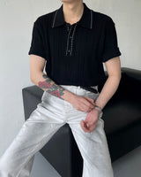 キコスコッチショートスリーブカラーニットウェア / OWN Kiko Scotch Short-Sleeved Collar Knitwear (2 colors)