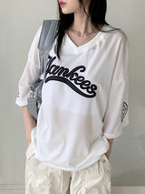 Anki boxy mesh lettering wappen uniform V-neck short-sleeved T-shirt