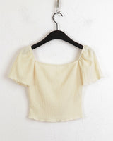 ボキンエンボスハートネックインシジョンリボン半袖Tシャツ/Bokin Embossed Heart Neck Cutout Ribbon Short Sleeve T-shirt