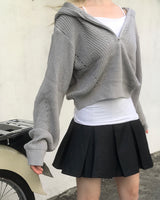 パンチングフードセミジップアップバルーンクロップニットウェア
