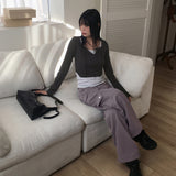 ブレビボタンリブカットクロップロングスリーブTシャツ