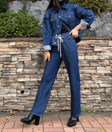 セミワイドフィットストリングポイントダークデニムパンツ/JEON SO MIN SEMI-WIDE FIT STRING POINT DARK DENIM PANTS [17708]
