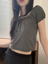 ケリーリボンシャーリングメッシュエアーパフクロップド半袖Tシャツ