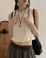 ワズスリムフィットワッフルツーウェイノースリーブベストクロップドフーディージップアップ / Waz Slim Fit Waffle Two-Way Sleeveless Vest Cropped Hoodie Zip-Up