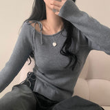 [Bomberjeon!/Goddess complete] Slim Belle One Shoulder Ribbon Ribbon Side Shirring Knitwear - 4 colors