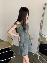 Raphim Off Shoulder Low Belt Pleated Mini One Piece
