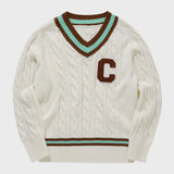 ブラウンCワッペン ミントラインVネックニット・アイボリー［ユニセックス］/ Brown C Patch Mint Line Ivory Unisex V-Neck 