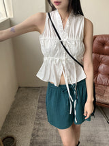 リウムプリーツシャーリングストリングノースリーブブラウス / Leeum pleated shirring string sleeveless blouse