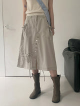 Carvil button ribbon shirring slit half length midi skirt