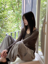 オープンバックシースルースリムVネックロングスリーブTシャツ