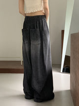 Bupin summer fabric back-banding balloon Vintage washing long wide denim pants