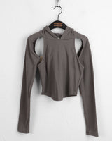 Pixie Shoulder Slit Cropped Long-Sleeved Hoodie T-Shirt