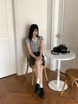 Chetshire y2k lace ribbon string V-neck short sleeve knit