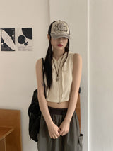 ワズスリムフィットワッフルツーウェイノースリーブベストクロップドフーディージップアップ / Waz Slim Fit Waffle Two-Way Sleeveless Vest Cropped Hoodie Zip-Up