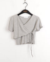 Juri Ruffle Ribbon Wrap Strap Cropped Short Sleeve T-shirt