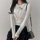 Kanu Ribbon V-Neck Semi-Crop Long-Sleeved Slim Knitwear (4 colors)