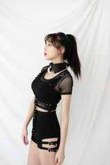 レイヤードメッシュショートスリーブクロップ / TOP(6631) Layered Mesh Short Sleeve Crop