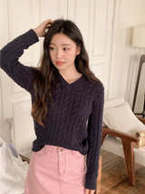 [S-L] Vネックケーブルコットンニット (11color)