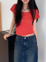 Dear Basic Ribbed Square Neck Short Sleeve T-shirt