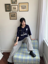 制服スポティVネックTシャツ /Liger Uniform Color Spoti V-Neck Boxy Short Sleeve T-Shirt