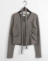 [Scarp Set] Purden V-neck Side Shirring Cropped Long-Sleeved T-shirt