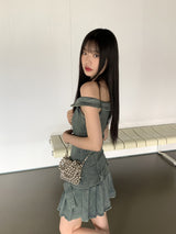 Raphim Off Shoulder Low Belt Pleated Mini One Piece