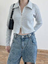 オルモストリブカラークロップジップアップ/Ulmost Rib Collar Crop Zip Up (4color)