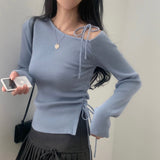 [Bomberjeon!/Goddess complete] Slim Belle One Shoulder Ribbon Ribbon Side Shirring Knitwear - 4 colors