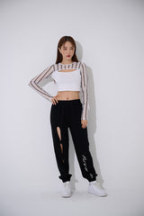 ラインブラックホールメッシュクロップTシャツ / TOP(9369) Line Black Hole Mesh Crop Tee