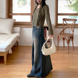 [Scarp Set] Purden V-neck Side Shirring Cropped Long-Sleeved T-shirt